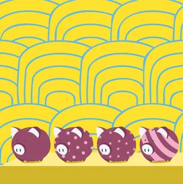 Multiple Piggy Bank Drawing On Table With Striped Background. Diffrent Piglet Stock Illustration
