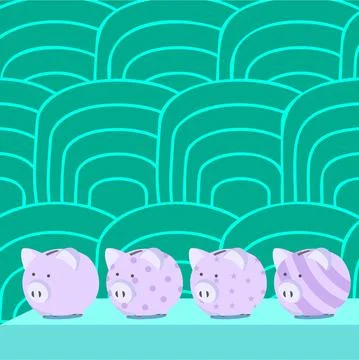 Multiple Piggy Bank Drawing On Table With Striped Background. Diffrent Piglet Illustrazione stock