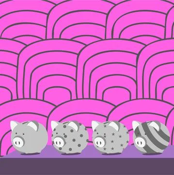 Multiple Piggy Bank Drawing On Table With Striped Background. Diffrent Piglet Illustrazione stock