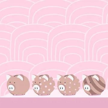 Multiple Piggy Bank Drawing On Table With Striped Background. Diffrent Piglet Illustrazione stock