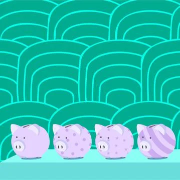 Multiple Piggy Bank Drawing On Table With Striped Background. Diffrent Piglet Illustrazione stock