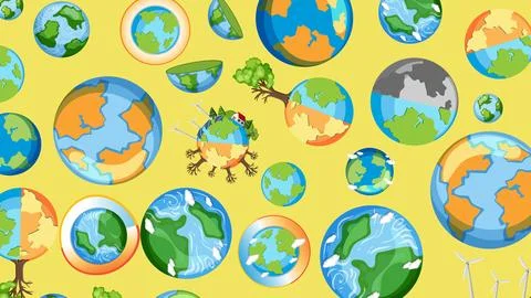 Multiple planet Earth icons represent climate change, renewable energy, and e Stock Illustration