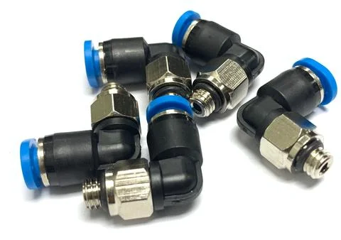 Multiple pneumatic elbow connectors with threaded Stock Photos