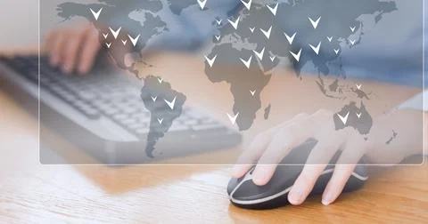 Multiple pointers over world map against mid section of person using computer Stock Photos