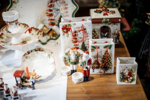 Multiple porcelain objects with Christmas related theme during Marche de Noel Stock Photos
