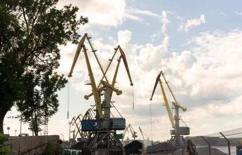 Multiple port cranes and a large pile of coal at an industrial terminal Stock Photos