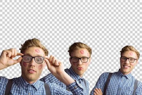 Multiple portrait image of cheerful man with lipstick marks on face Stock Photos