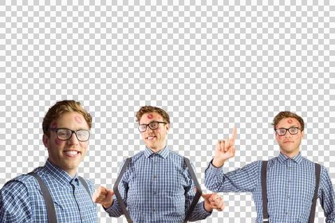 Multiple portrait image of happy man with lipstick marks on face Stock Photos