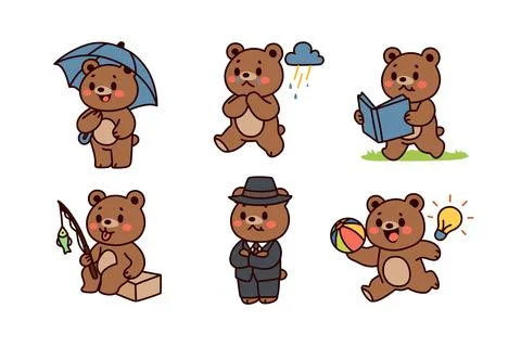 Multiple pose different activity of bear. Animals cartoon. Stock Illustration