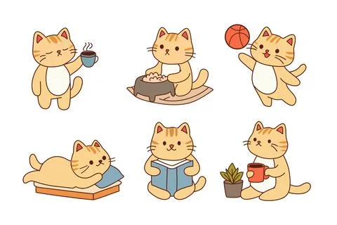Multiple pose different activity of cat. Animals cartoon. Stock Illustration