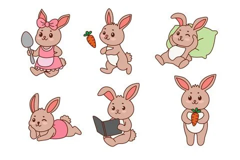 Multiple pose different activity of rabbit. Animals cartoon. Stock Illustration