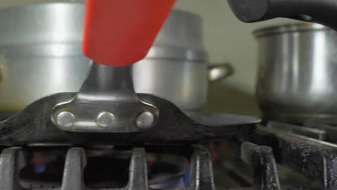 Multiple pots and pans on burning gas cooker hobs. Stock-Footage 200871047