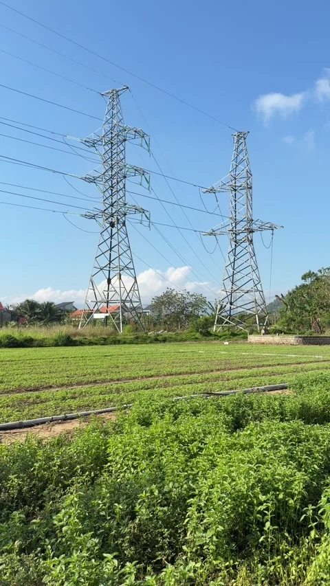 Multiple power transmission towers extend across cultivated land near village Vídeos de archivo 332472593