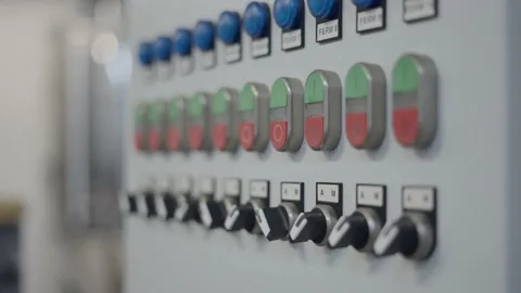 Multiple Process Control Table Buttons Inside A Beer Factory. Selective Stock Footage 195103419