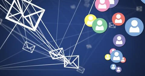 Multiple profile icons floating against network of message icons on blue Stock Illustration