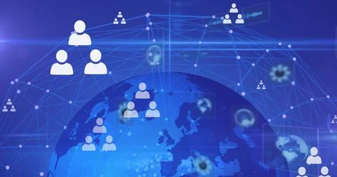 Multiple profile icons floating over network of connections and globe against Stock Illustration