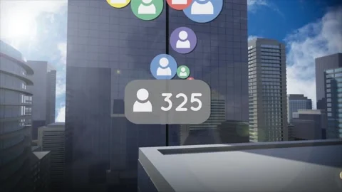 Multiple profile icons with increasing numbers against against tall buildings in Vidéo 157914132