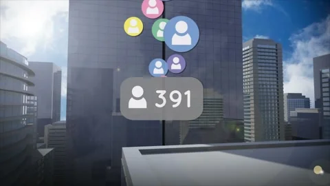 Multiple profile icons with increasing numbers against tall buildings in Vidéo 329568153