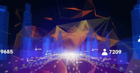 Multiple profile icons over 3D city model against plexus networks 스톡 일러스트