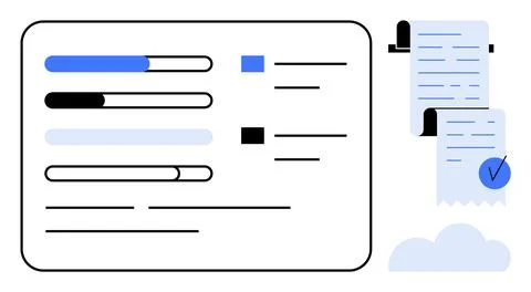 Multiple progress bars and checklists on a digital interface in blue and blac Stock Illustration
