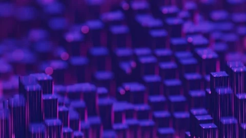 Multiple purple and blue blocks, cubes, clusters illuminated in dark background Video stock 231727497