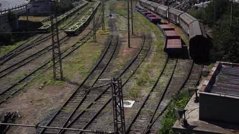 Multiple railway tracks diverge through an overgrown train yard Stock Footage 315443333