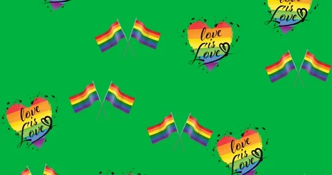 Multiple rainbow flags and love is love text on rainbow heart icons falling 스톡 동영상 318862445