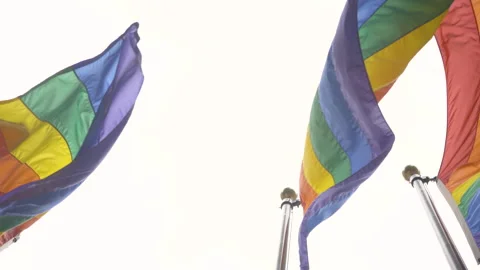 Multiple rainbow flags flutter against a bright white sky in New York 스톡 동영상 302282377
