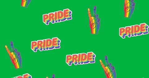 Multiple rainbow hand peace symbols and pride text banners falling against black Stock Footage 318862455