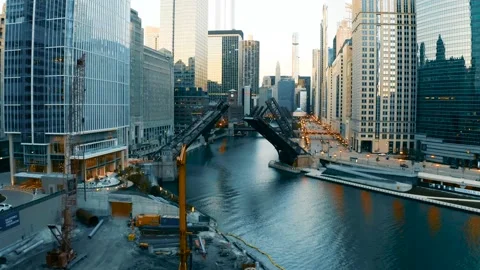 Multiple Raised Chicago River Bridges During George Floyd Protests, Wide Aerial Stock Footage 131458088