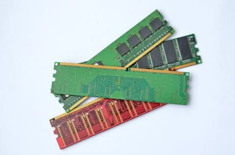 Multiple RAM modules for computer, close-up, white background Stock Photos