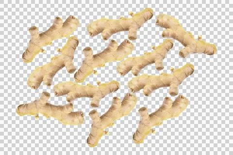 Multiple raw ginger root rhizomes arranged in a scattered pattern on a ligh.. Stock Photos