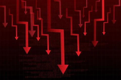 Multiple red arrows crashing vertically over digital grid, showing synchronized Stock Illustration