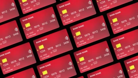 Multiple red bank cards with a chip moving animation from top view Video stock 227680375