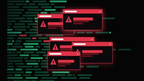 Multiple Red Error Pop Up Windows Overload Scrolling Green Code Signaling a.. Video stock 347347473