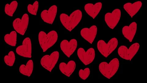 Multiple red hand-drawn hearts, solid dark black background, rough and ener.. Stock Footage 322143250