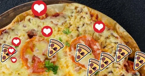Multiple red heart and pizza slice icons against close up of pizza on grey Illustrazione stock
