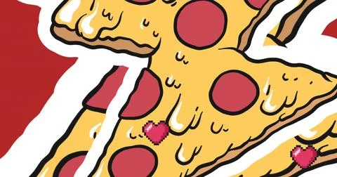 Multiple red heart floating against multiple pizza slice icons in seamless Stock Illustration