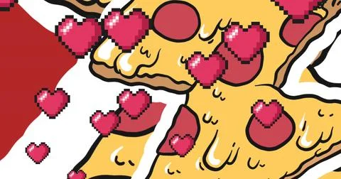 Multiple red heart floating against multiple pizza slice icons in seamless Illustrazione stock
