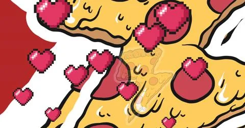Multiple red heart floating against multiple pizza slice icons in seamless 스톡 일러스트