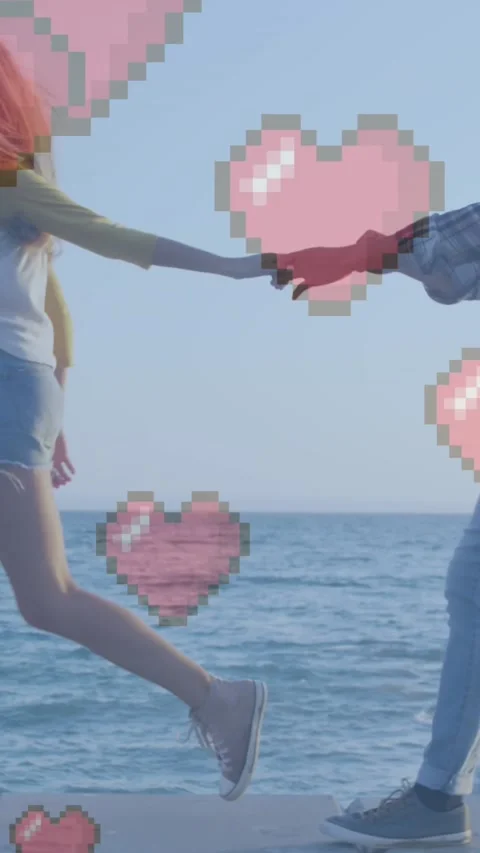Multiple red heart icons floating against caucasian couple holding hands walking Stock Footage 342097528