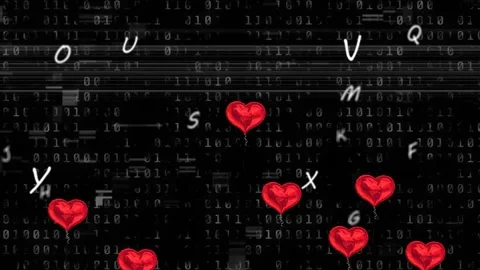 Multiple red heart shaped balloons and letters floating over binary coding on Video stock 158398278
