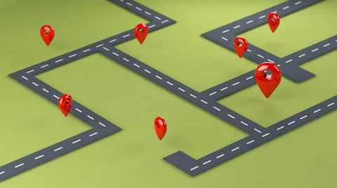 Multiple red location pins on simple road map shipping concept, 3d illustrati Stock Illustration