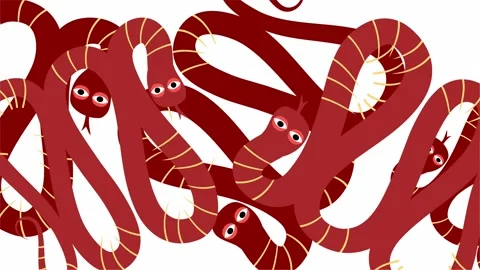 Multiple red snakes tangled together with funny cartoon faces Stock Footage 317603725