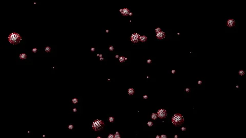 Multiple red-spiked viral microorganisms rise up and tumble in the air Stock Footage 339383713