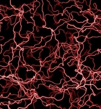 Multiple red thunderbolts. Texture of lightning discharges on a black backgro Stock Photos
