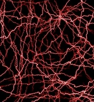 Multiple red thunderbolts. Texture of lightning discharges on a black backgro Stock Photos