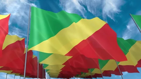 Multiple Republic of Congo flags seamless looping waving on blue sky Stock Footage 343683998