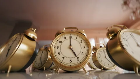 Multiple retro alarm clocks ringing at 5 a.m., time pressure, deadline, hurry up Stock Footage 163291012