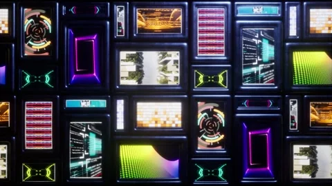 Multiple retro monitors or televisions on wall. Collage of videos Stock Footage 320568825